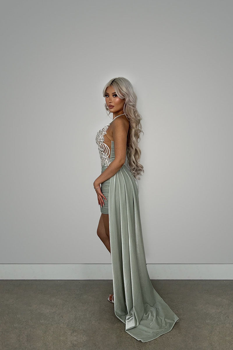 H5652 - V-Neck Halter Appliqued Cut Outs Ruched Velvet Sheath Mini Homecoming Dress