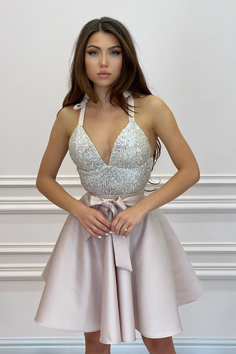 H5659 - Two Piece V-Neck Sequined Ruched Satin A-Line Mini Homecoming Dress
