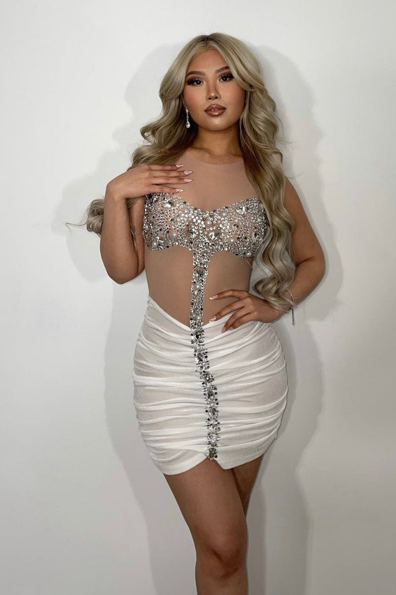 H5660 - Scoop Beaded Sheer Tulle Ruched Velvet Sheath Mini Homecoming Dress