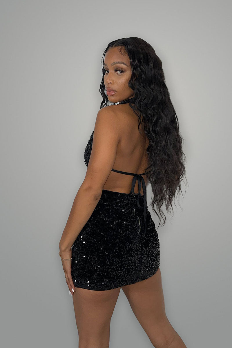 H5665 - Low V-Neck Halter Cut Outs Sequined Sheath Mini Homecoming Dress