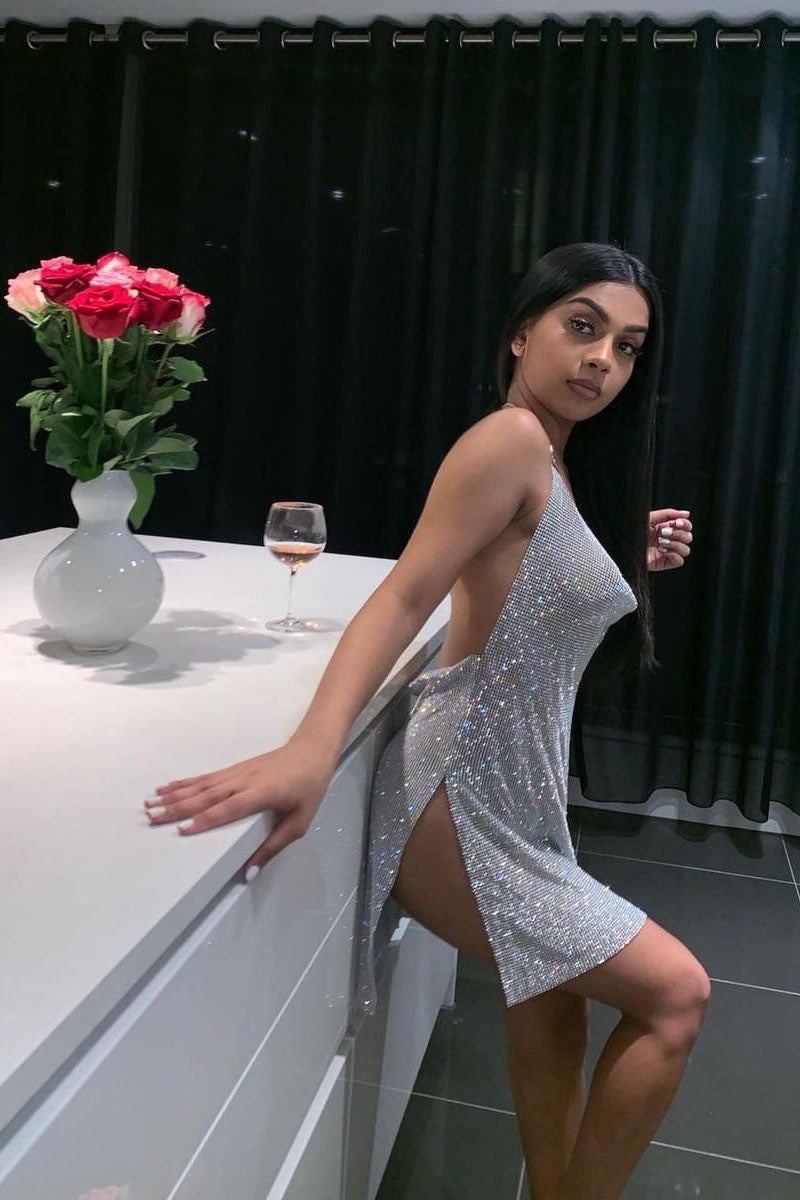 H5668 - Low V-Neck Halter Backless Sequined Sheath Mini Homecoming Dress