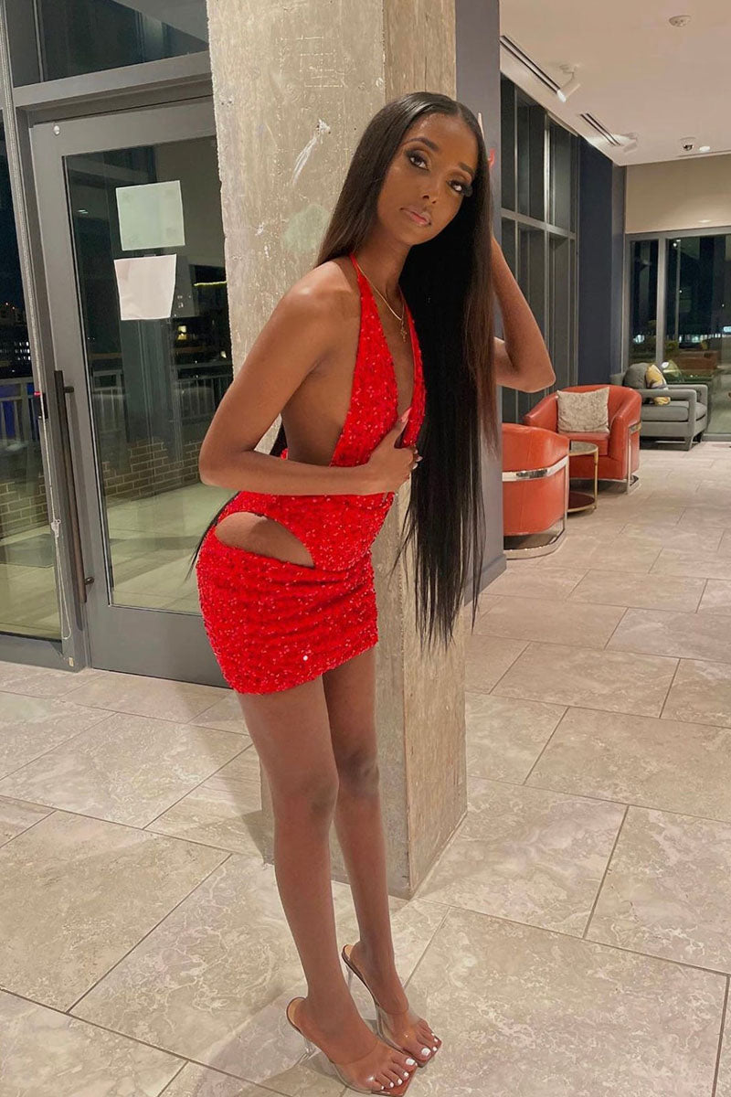 H5679 - Low V-Neck Halter Cut Outs Sequined Sheath Mini Homecoming Dress