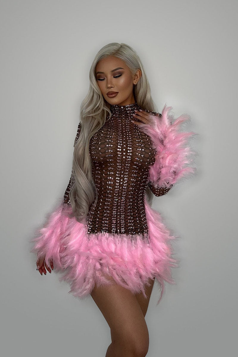 H5683 - High Neck Long Sleeves Beaded Sheer Feather Sheath Mini Homecoming