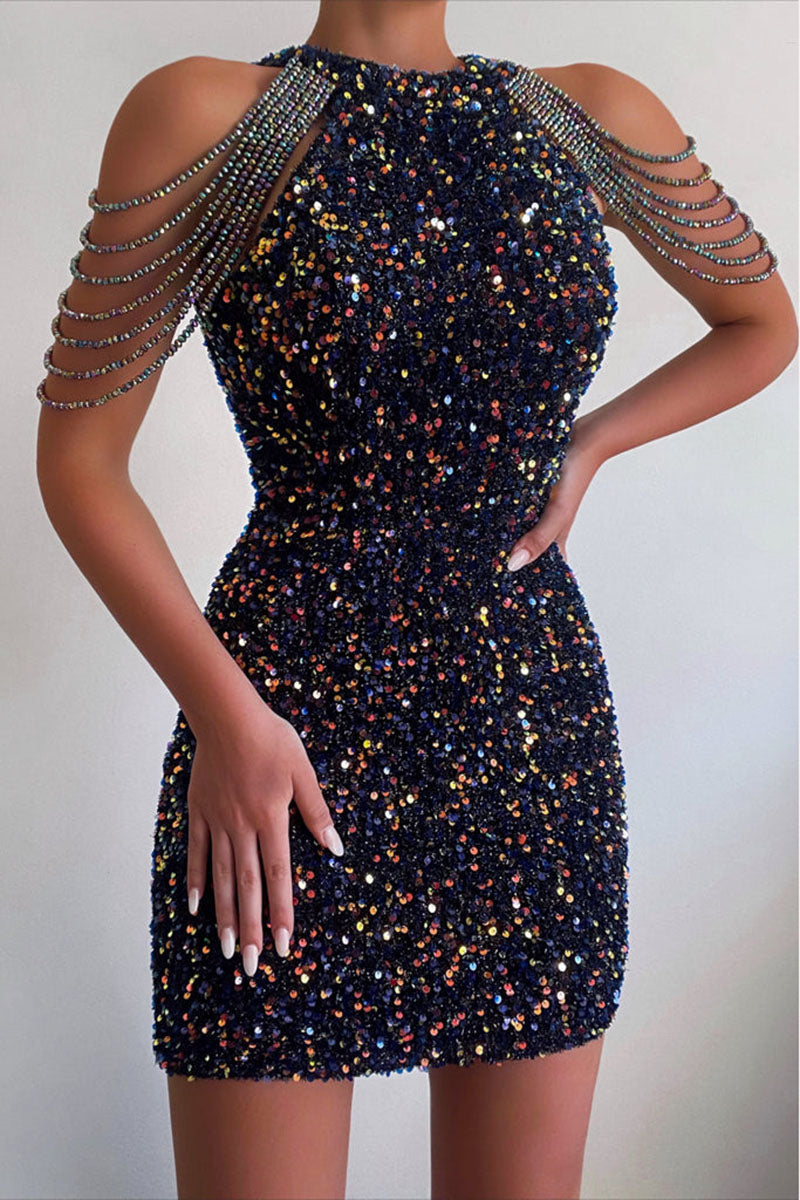 H5692 - High Neck Sleeveless Beaded Sequined Sheath Mini Homecoming Dress