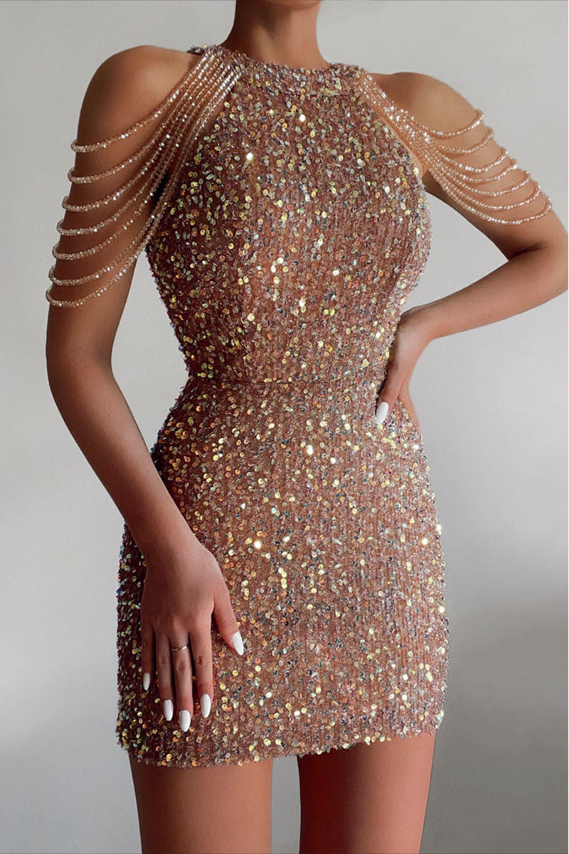 H5693 - High Neck Sleeveless Beaded Sequined Sheath Mini Homecoming Dress
