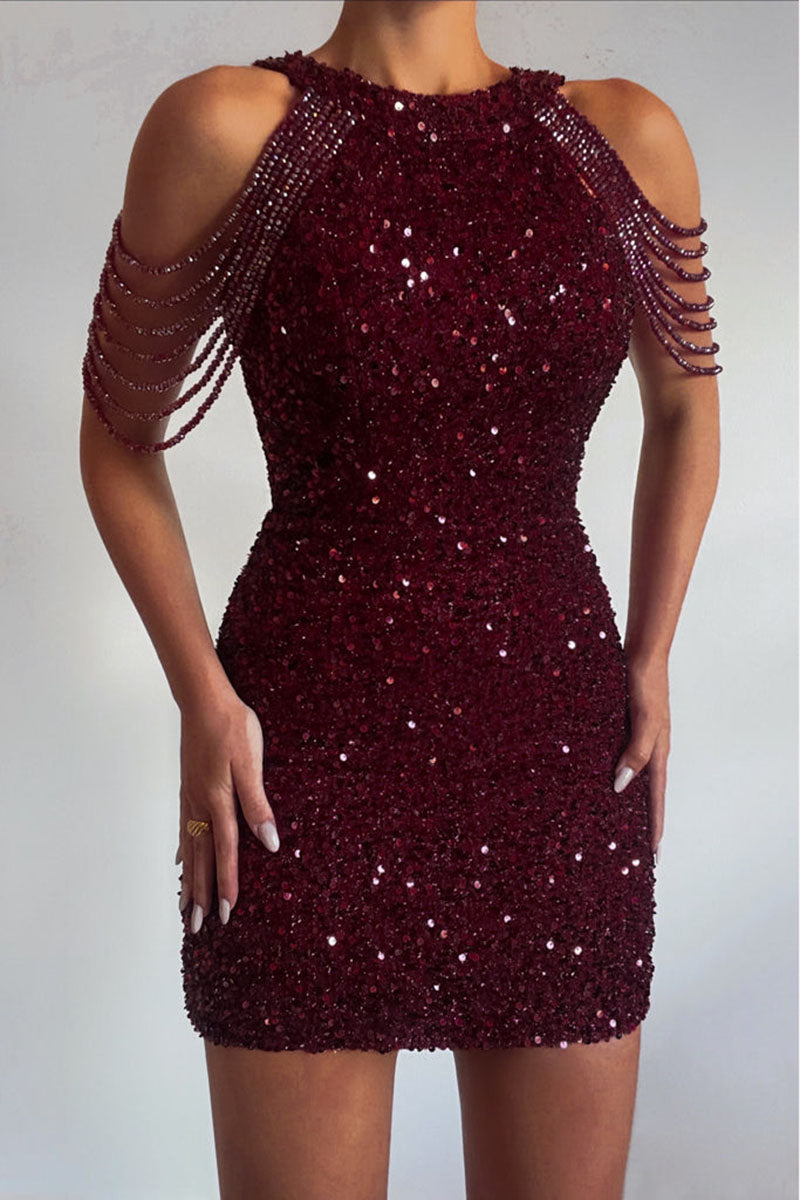 H5694 - High Neck Sleeveless Beaded Sequined Sheath Mini Homecoming Dress