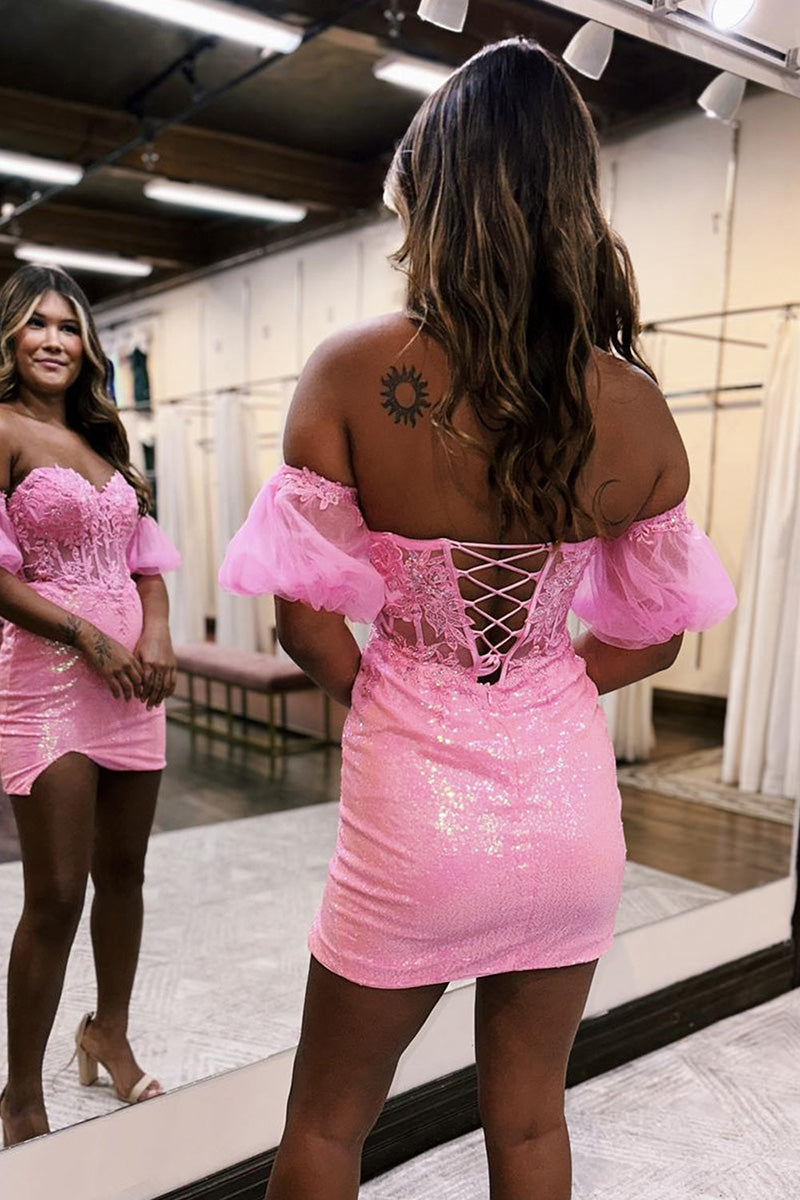 H5698 - Sweetheart Sequined Appliqued Sheer Tulle Sheath Mini Homecoming Dress
