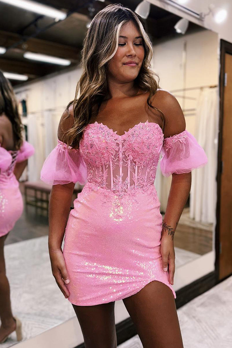 H5698 - Sweetheart Sequined Appliqued Sheer Tulle Sheath Mini Homecoming Dress