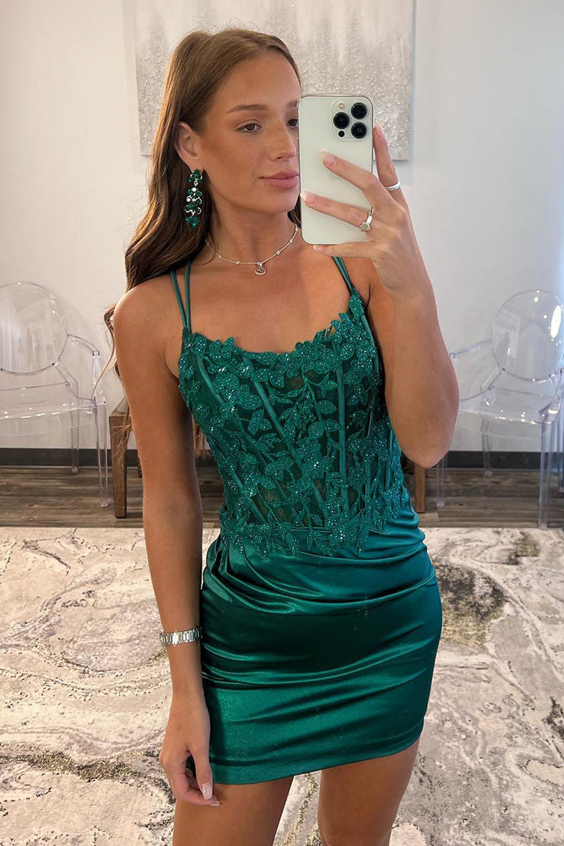 H5701 - Spaghetti Straps Appliqued Beaded Ruched Satin Sheath Mini Homecoming Dress