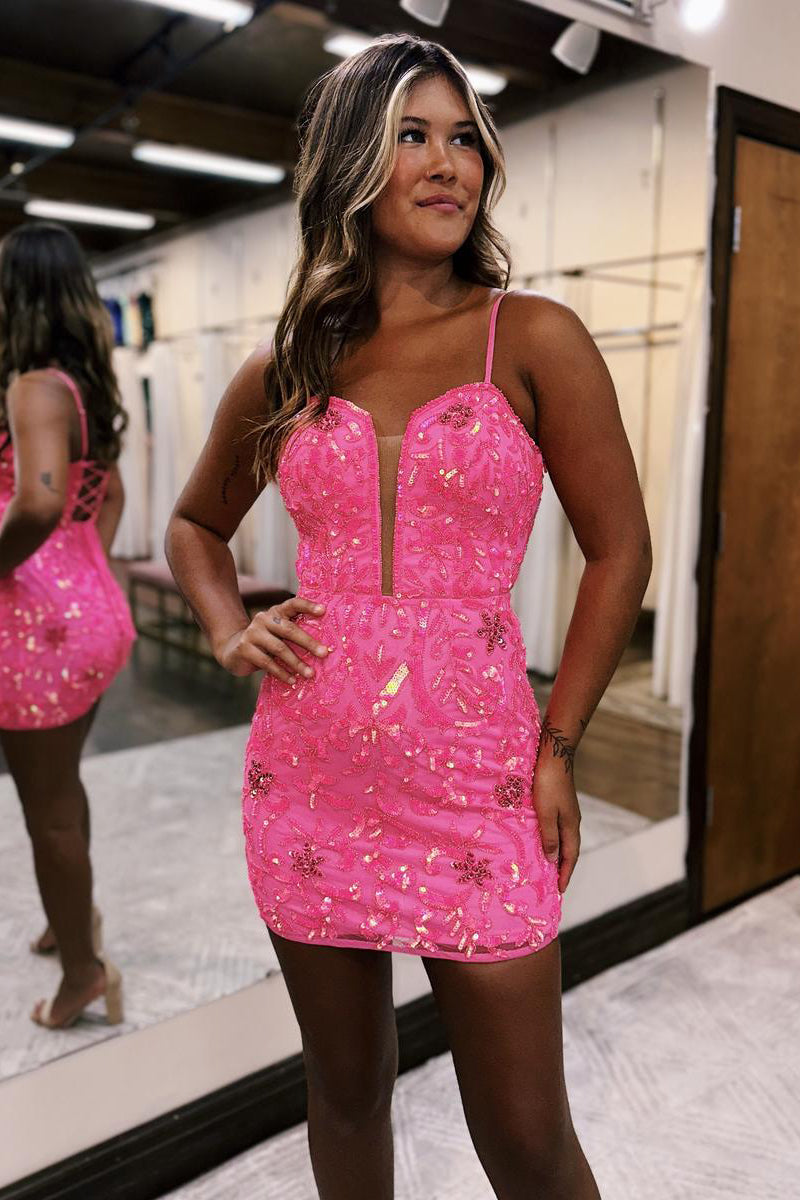 H5719 - Low V-Neck Spaghetti Straps Beaded Sequined Sheath Mini Homecoming Dress
