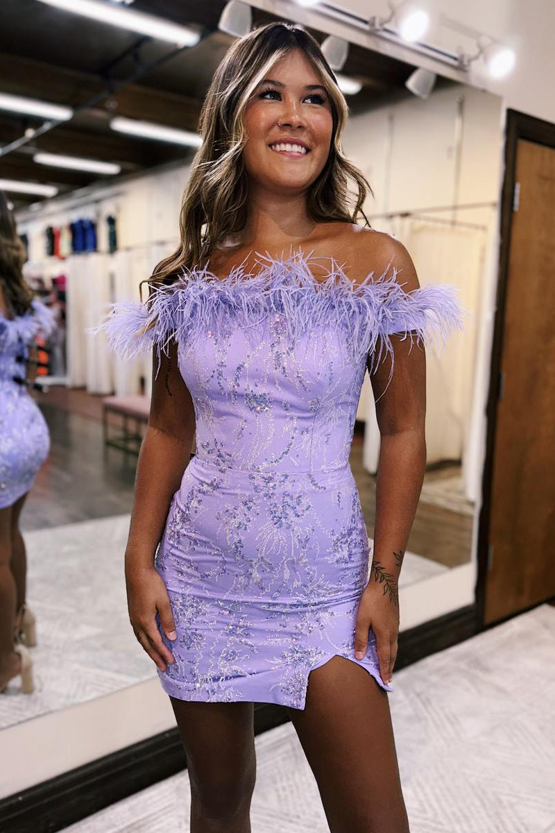 H5722 - Off-Shoulder Strapless Beaded Feather Satin Sheath Mini Homecoming Dress