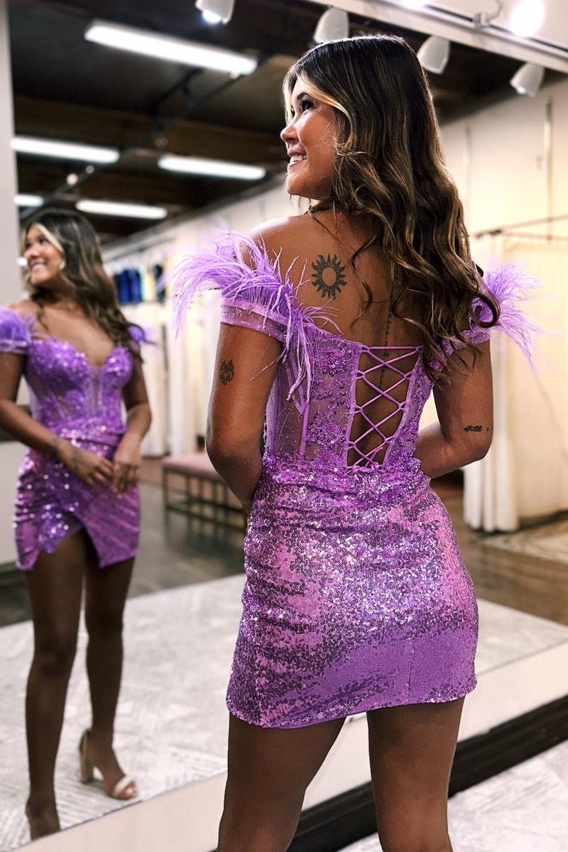 H5730 - Low V-Neck Off-Shoulder Sequined Sheer Tulle Sheath Mini Homecoming Dress