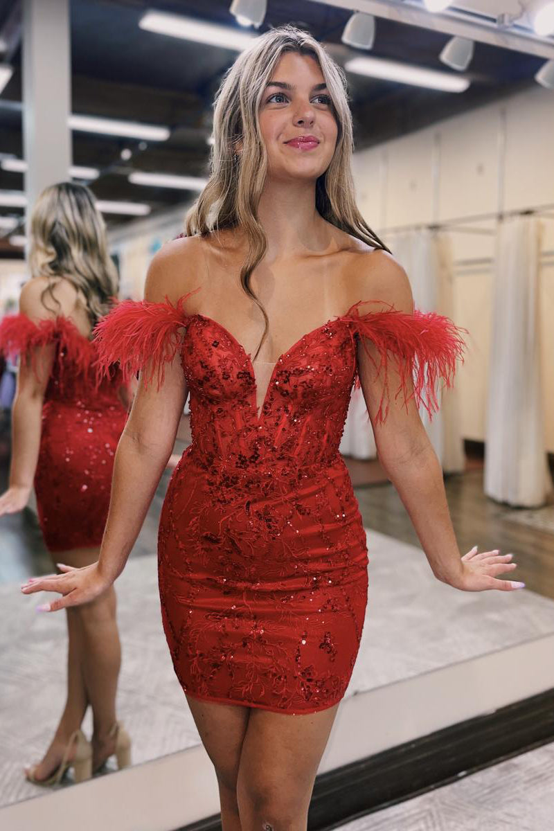 H5734 - Sweetheart Off-Shoulder Sequined Beaded Satin Sheath Mini Homecoming Dress