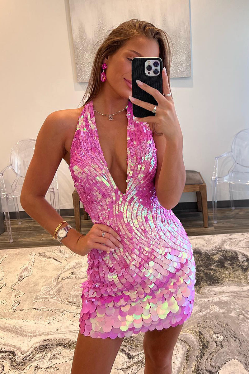 H5739 - Low V-Neck Halter Sleeveless Sequined Sheath Mini Homecoming Party Dress