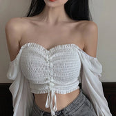 Elegant Fashion Puff Arm Chiffon Crop Women’s - Blouse Top White / One Size