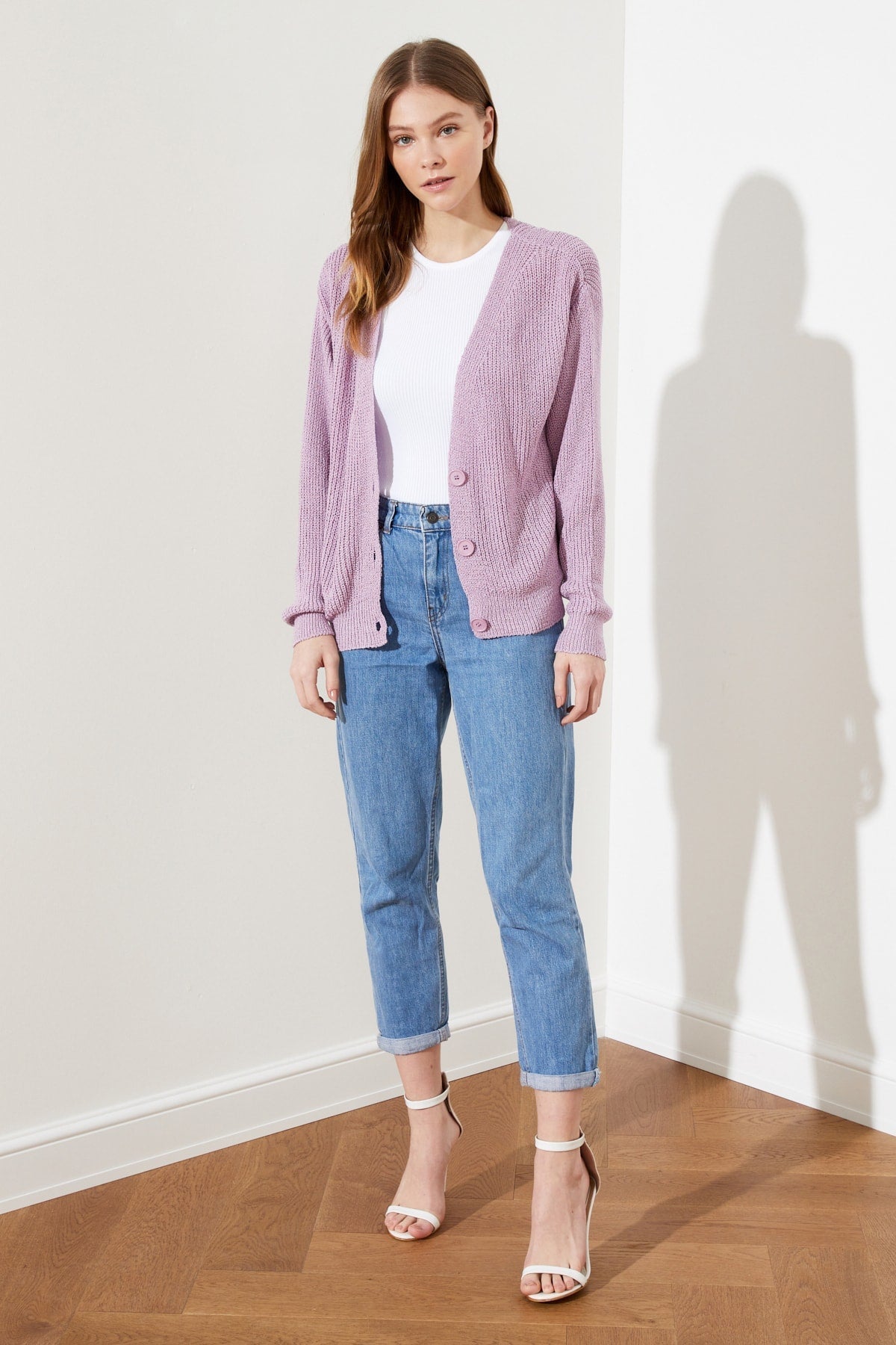 V-Neck Button Front Long Sleeve Open Knit Cropped Cardigan 18