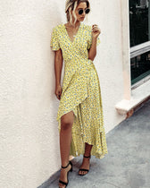 Pink Polka Dot V-Neck Ruffle Short-Sleeved Beach Vacation Summer Dress