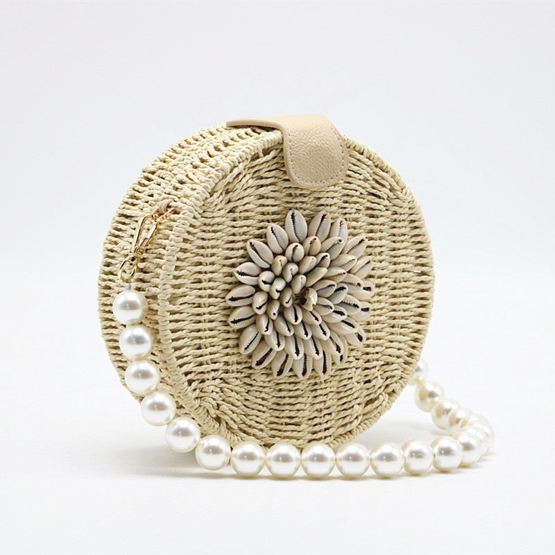 Round Shell Pearl Woven Straw Bag