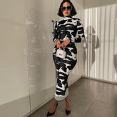 Long Sleeve Printed Bodycon Pencil Long Dress