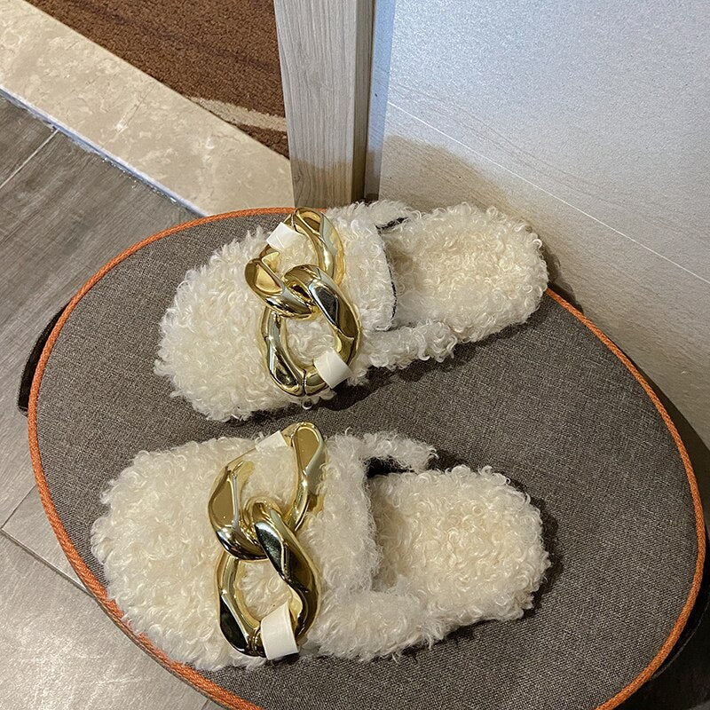 Furry Fur Metal Female Mules Flip Flops