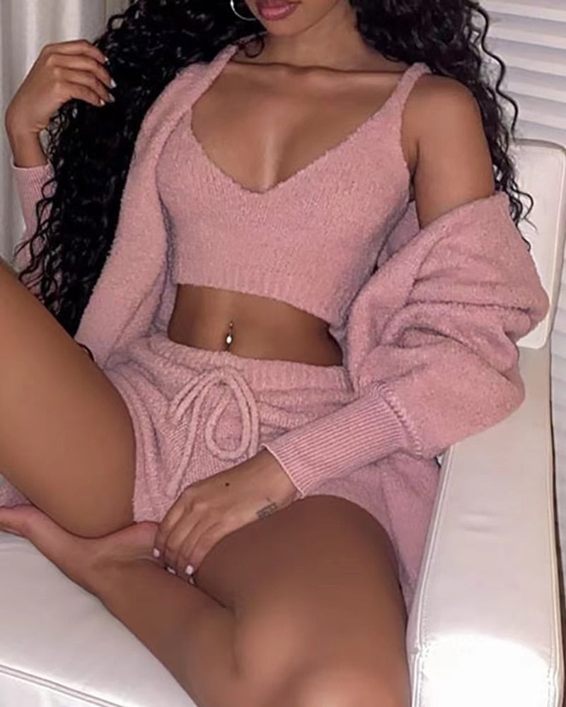 Sexy Fluffy Piece Sweatshirt Backless Plush Home Sports Pyjamas Wear Fleece Outfits Sets 3 Tracksuit