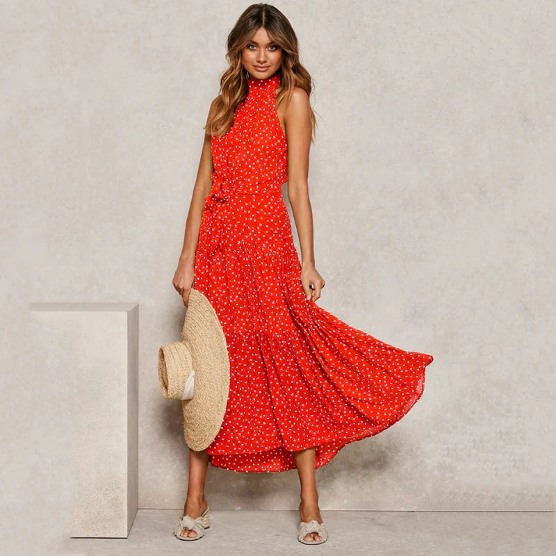 Soledad Effortless Lavish Dotted Halterneck Dress Statement Occasion Edit