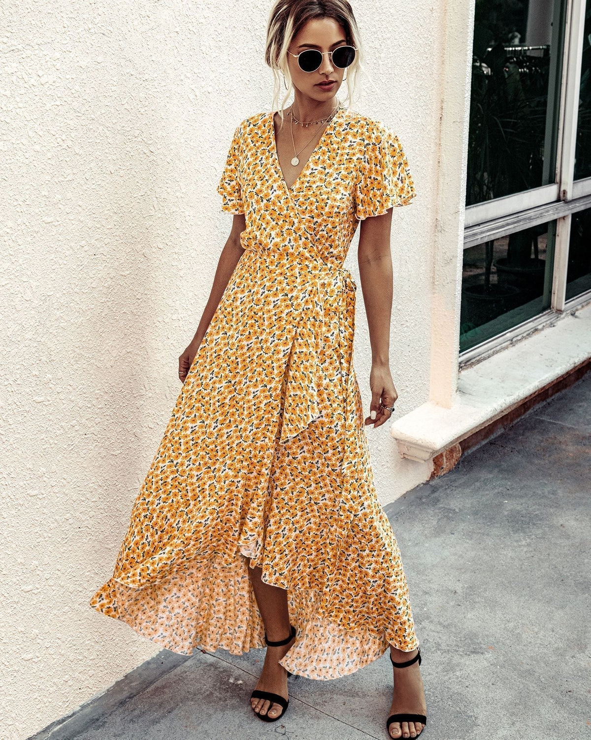 Ditsy Print V-Neck Flutter Sleeve Tie Waist Wrap High Low Maxi Dress 9