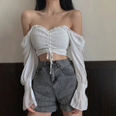 Elegant Fashion Puff Arm Chiffon Crop - Blouse Top