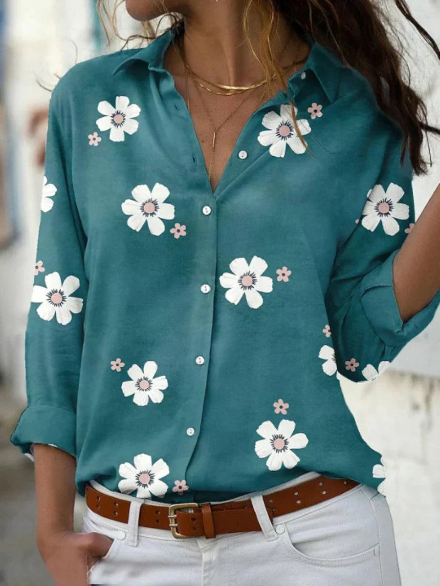 Daisy Floral Print Collared Long Sleeve Button Up Shirt