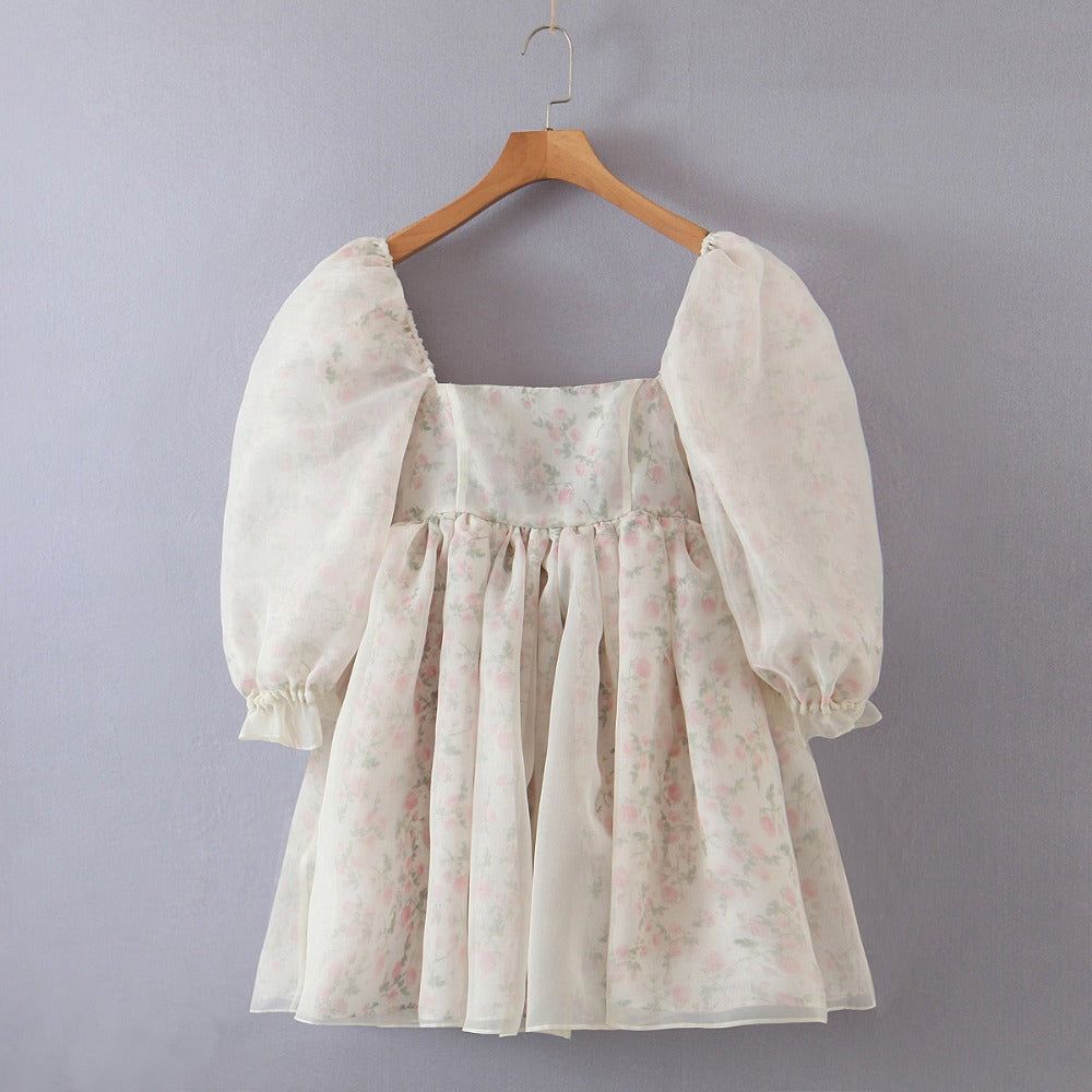 Organza Puff Sleeve Open Back Fit and Flare Puffy Mini Dress 8