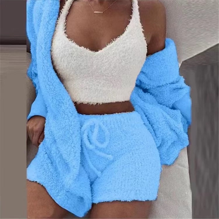 Sexy Fluffy Autumn Piece Sweatshirt Backless Plush Home Sports Women Pyjamas Wear Winter Fleece