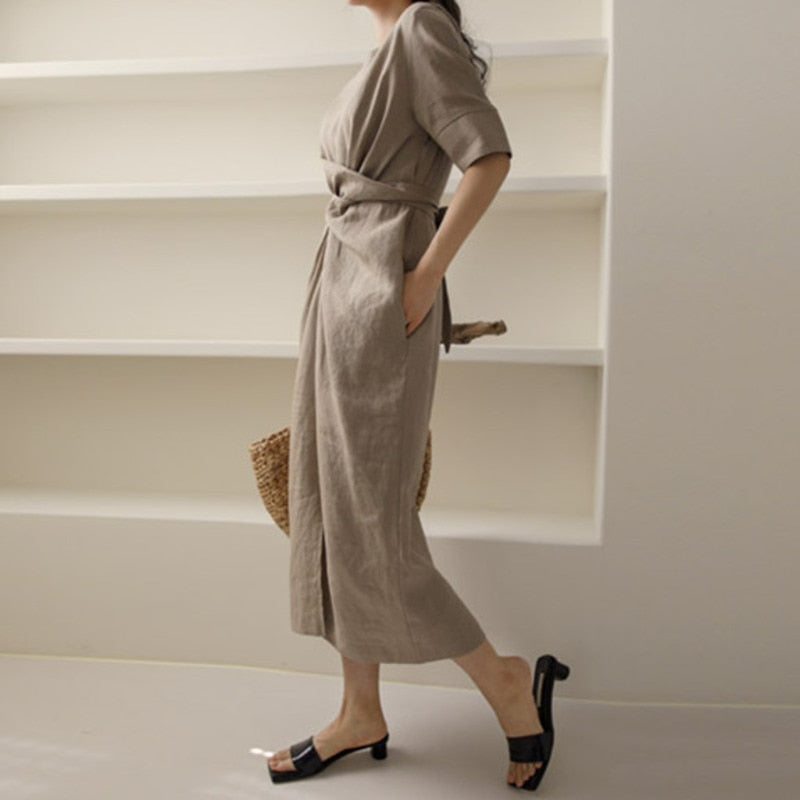 María Minimalist José Fashionable Linen Dress in Khaki Premium Wardrobe Essential