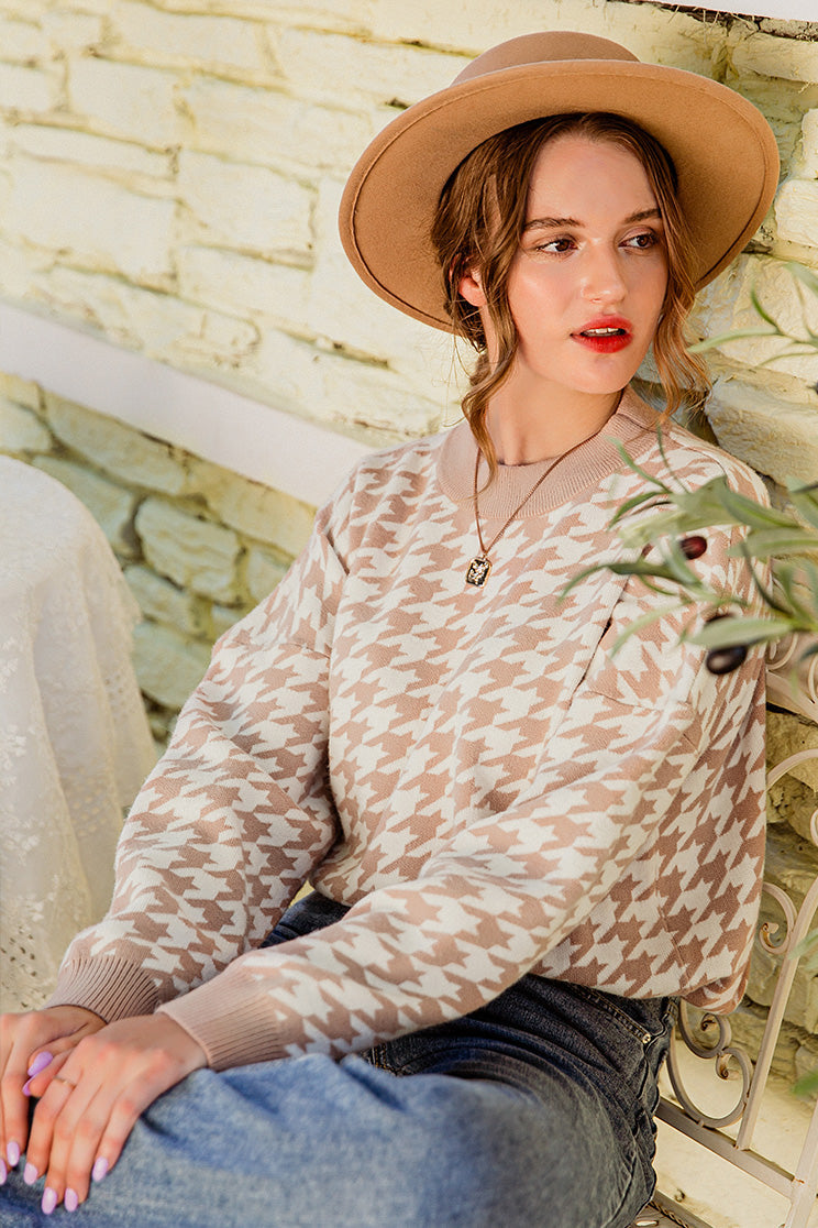 Geometric Houndstooth  Khaki Knitted Sweater