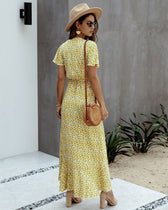 Pink Polka Dot V-Neck Ruffle Short-Sleeved Beach Vacation Summer Dress
