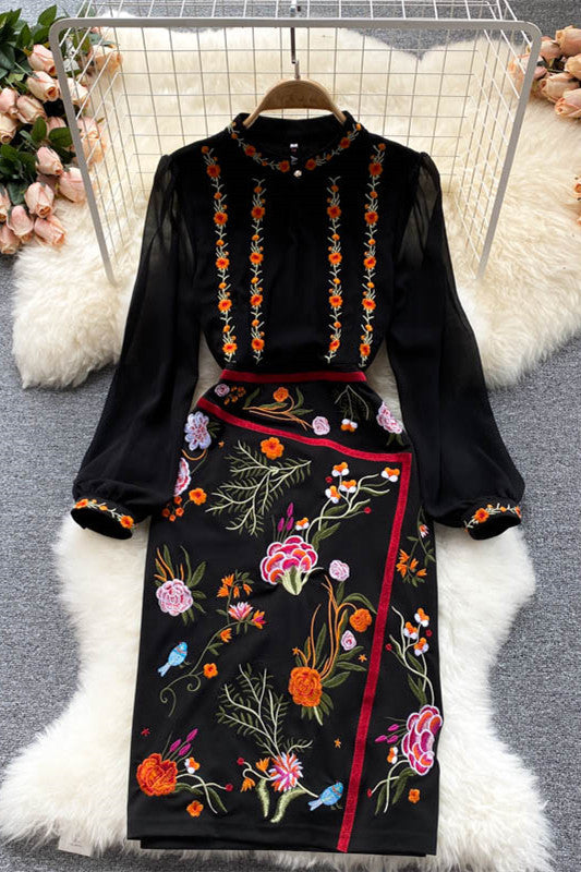 Small Stand-up Collar Retro Embroidered Midi Dress