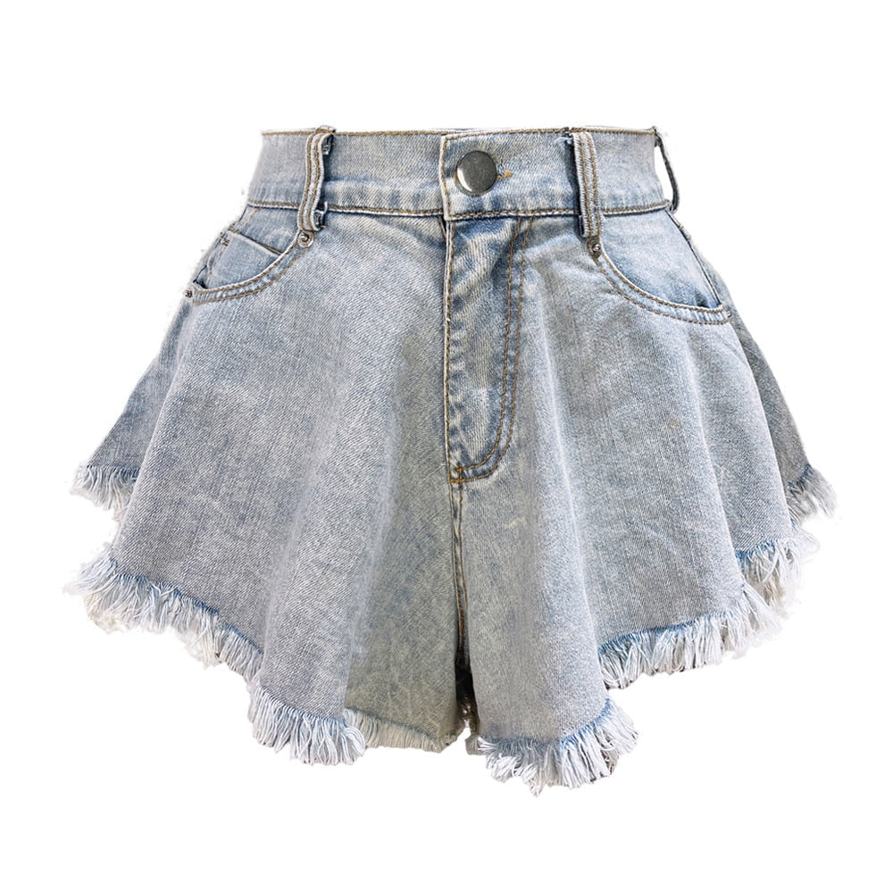 High Waist Frayed Raw Hem Flared Wide Leg Denim Shorts 4
