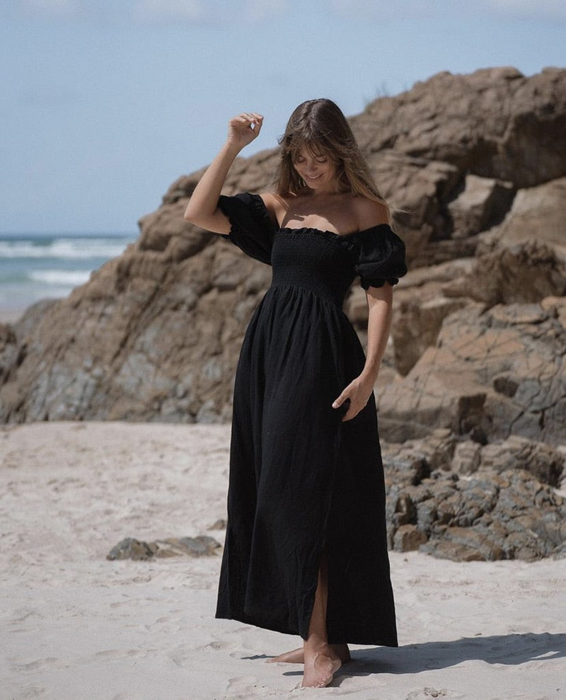 Summer Dresses For Women Square Neck Smocked Short Puff Sleeve Vacation Beach Style