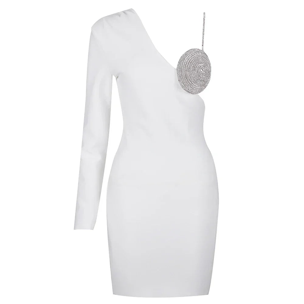 Rhinestone Bra Cup One Shoulder Cut Out Mini Dress 32