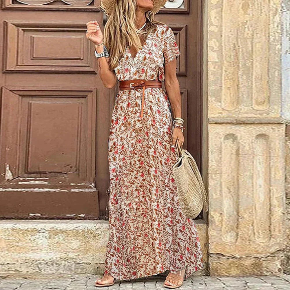 V-Neck Short Sleeve Paisley Print High Split Belted Maxi Dress