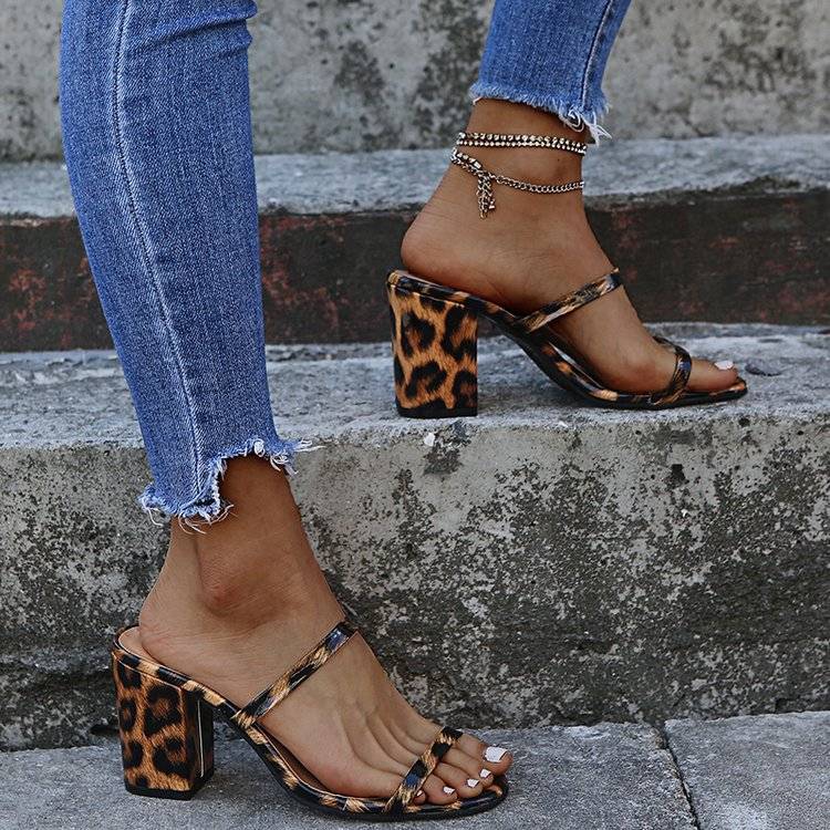 Square Heel Leopard Print High Heel Slippers