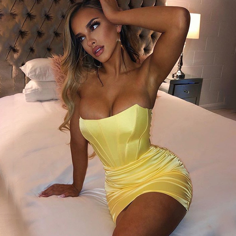 Satin Strapless Corset Bodice Ruched Bodycon Mini Dress 4