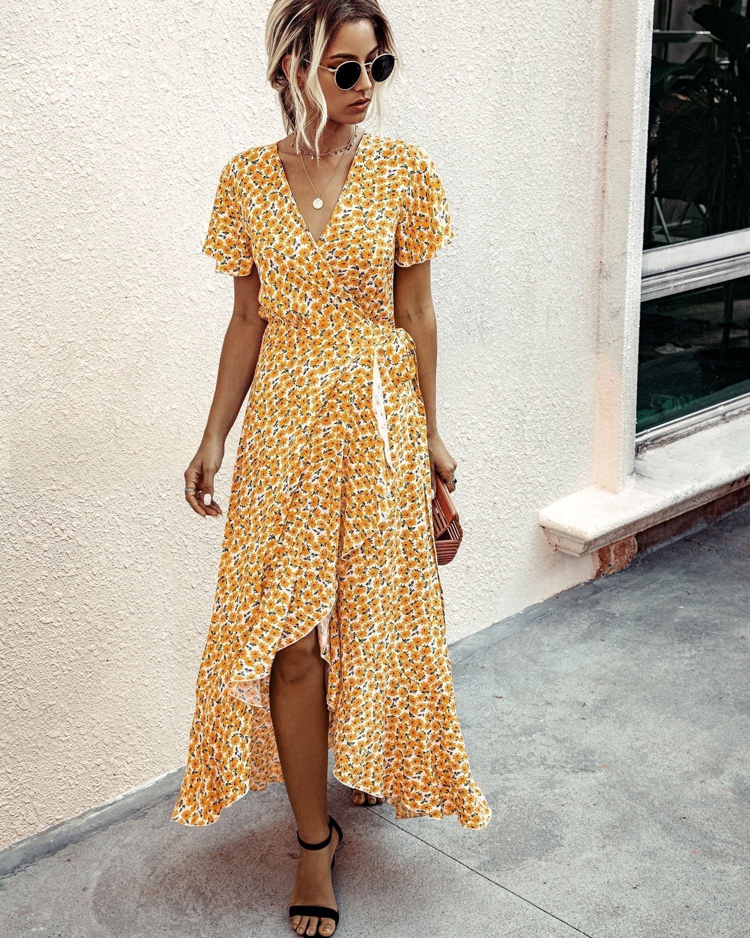 Pink Polka Dot V-Neck Ruffle Short-Sleeved Beach Vacation Summer Dress Xxl / Yellow Dresses