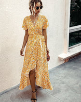 Pink Polka Dot V-Neck Ruffle Short-Sleeved Beach Vacation Summer Dress Xxl / Yellow Dresses