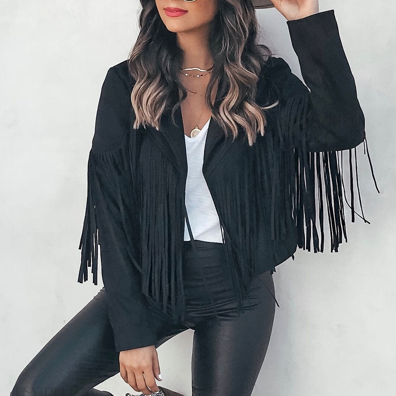 Fringe Lapel Cropped Suede Jacket