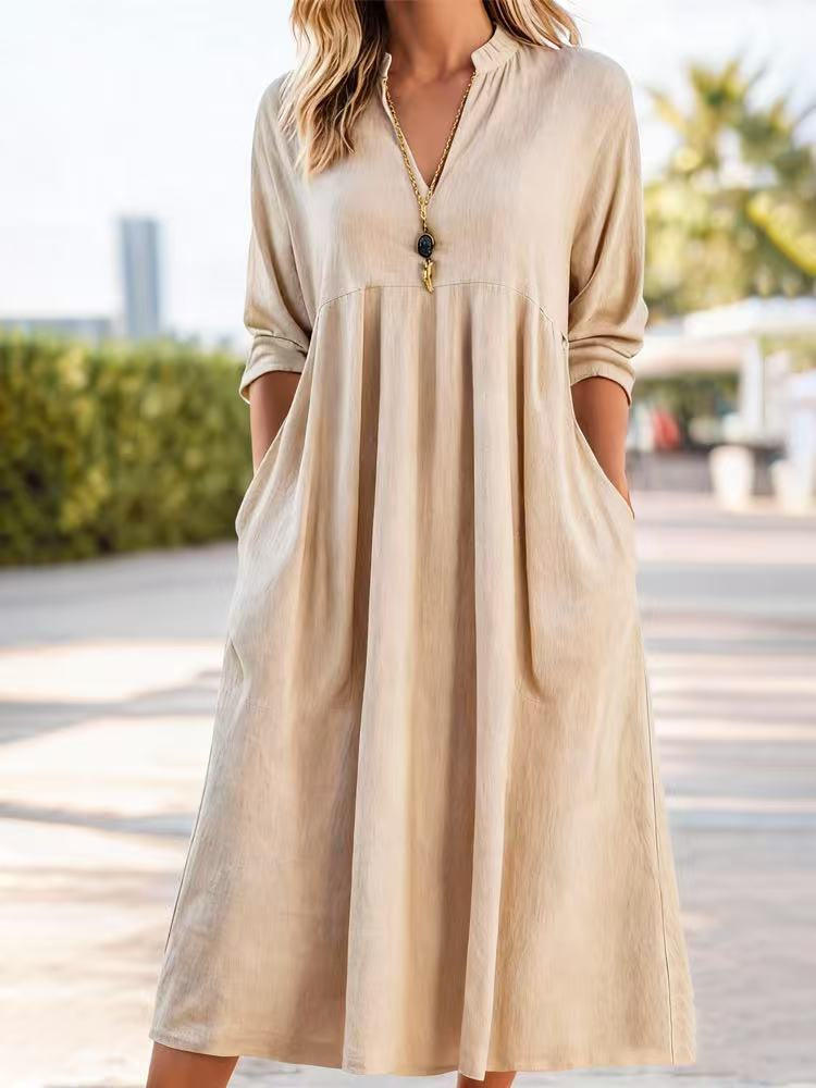 V-Neck Long Sleeve Pocket A-Line Midi Dress