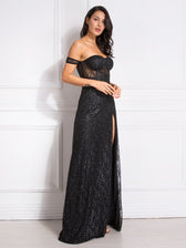 Bling Bling Glitters Floor Length Split Party Dress Backless Long Black Dress 9