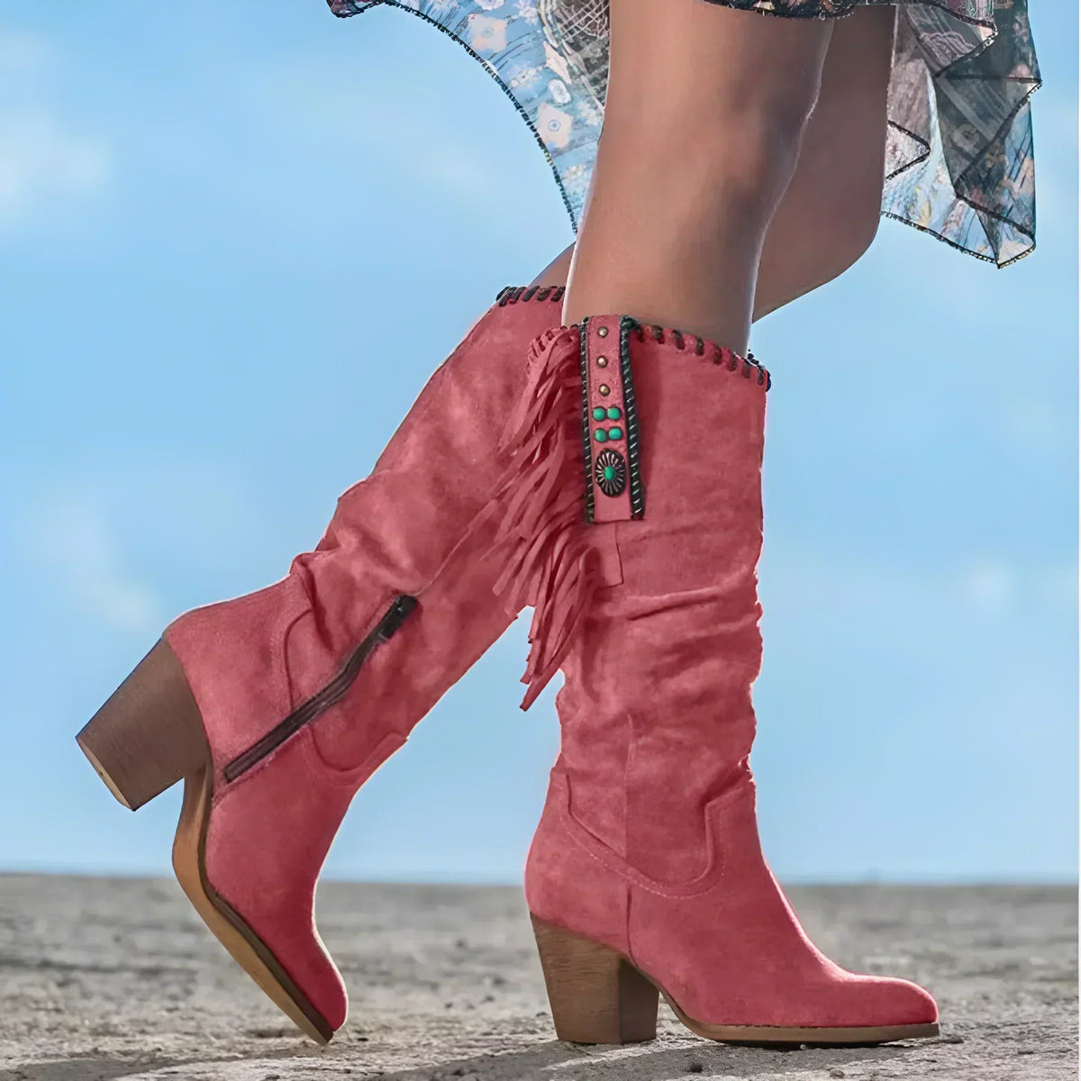 Fringe Trim Suede Look Block Heel Knee High Western Boots