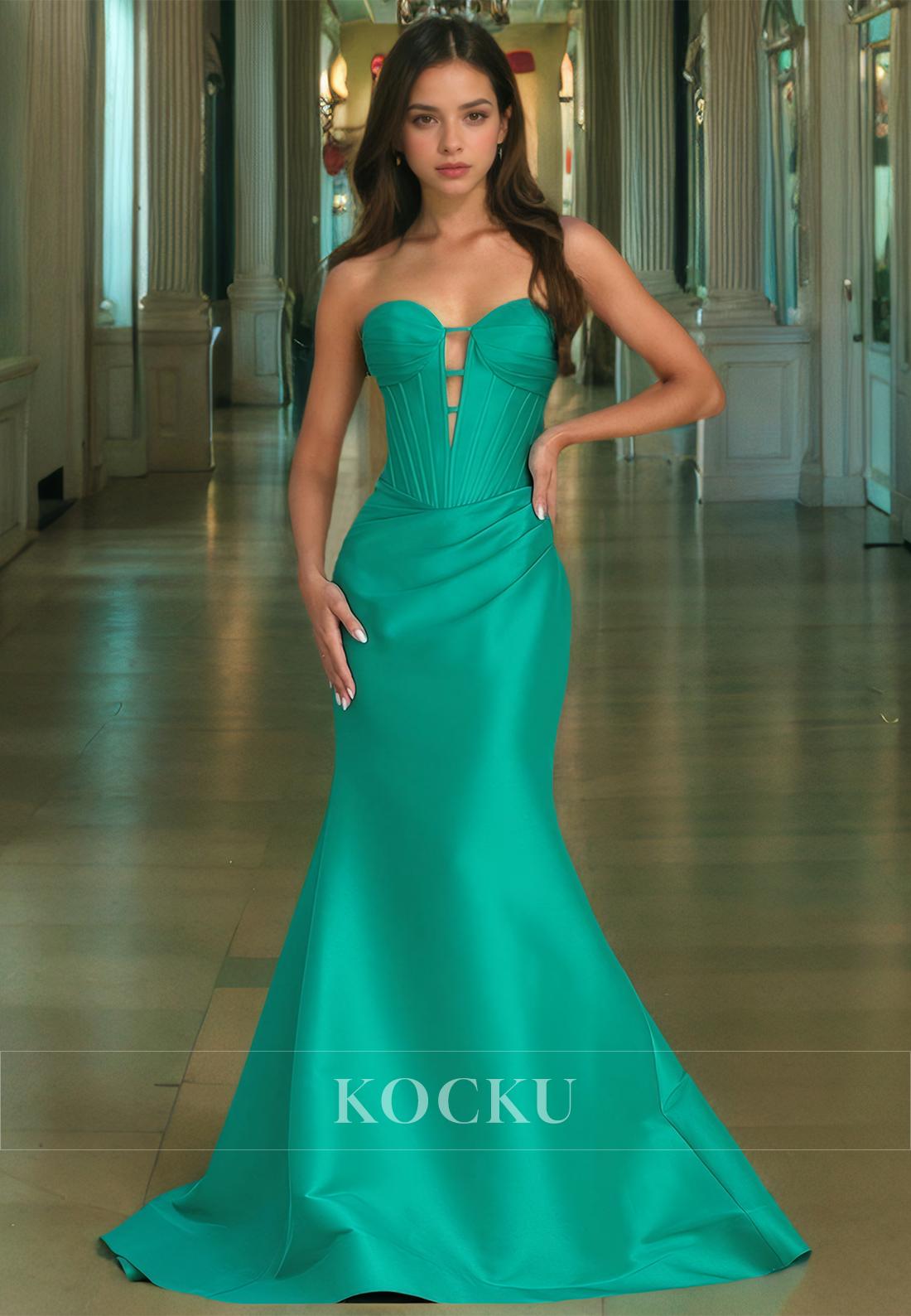 Sweetheart Sleeveless Satin Stripe Mermaid Pleated Long Prom Formal Dress with Train