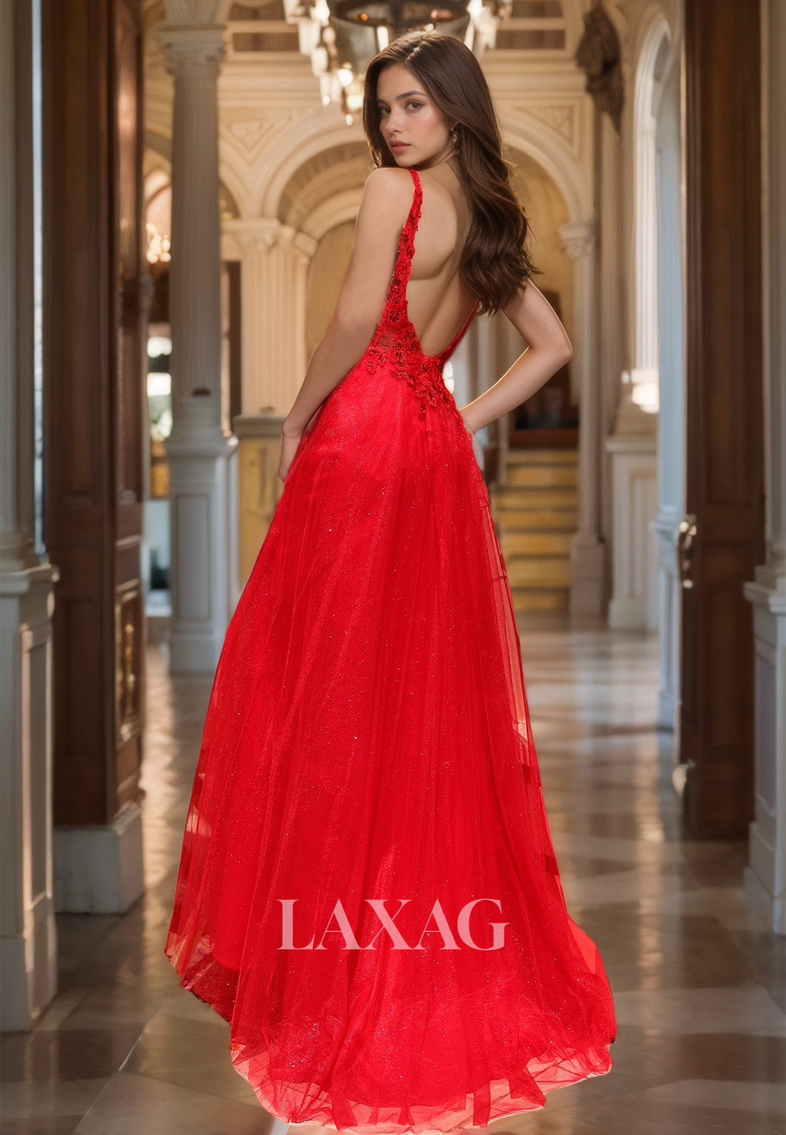 Deep V-Neck Spaghetti Straps Sleeveless A-Line Prom Dress Beaded Applique Glitter-Knit Party Gowns