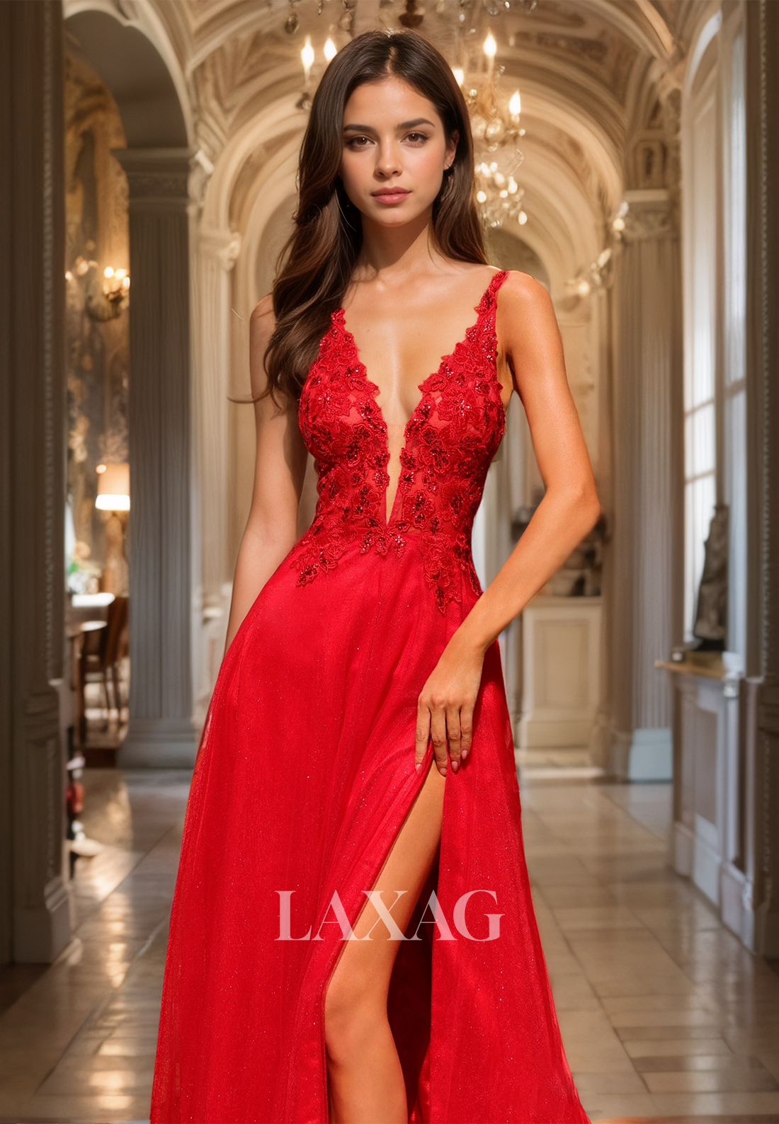 Deep V-Neck Spaghetti Straps Sleeveless A-Line Prom Dress Beaded Applique Glitter-Knit Party Gowns